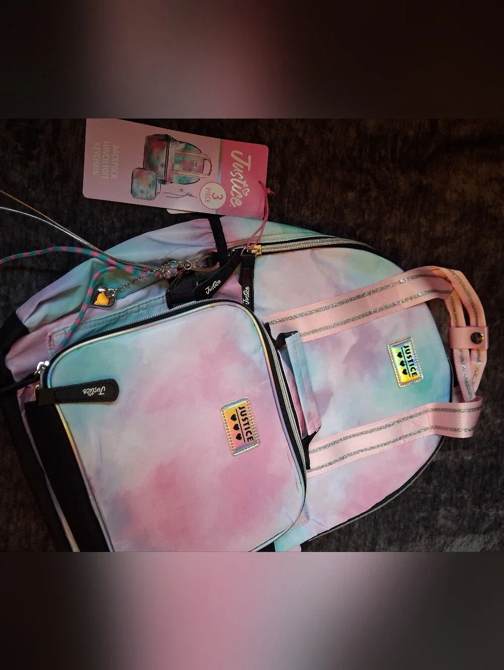 NWT Justice 3pc Set Backpack Lunch Tote Keychain Pink, Blue, Tie Dye